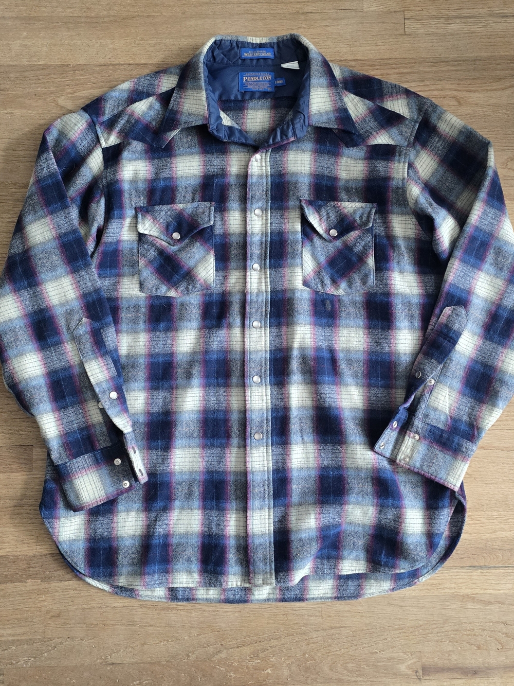 Vintage Pendleton Men’s XL Tall Blue Plaid Wool Shirt Jacket Pearl Snap